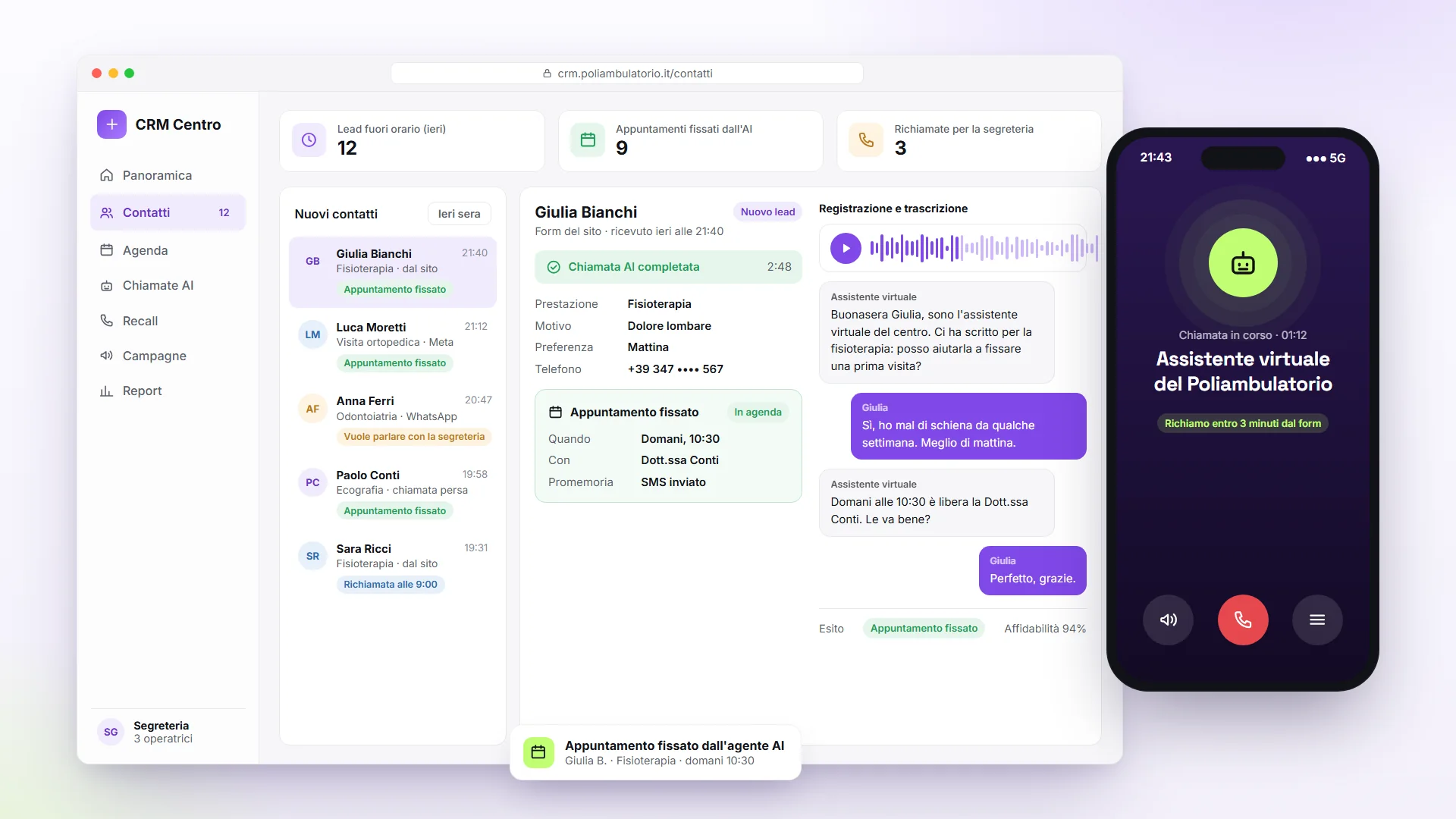 Mockup CRM poliambulatorio con Voice AI